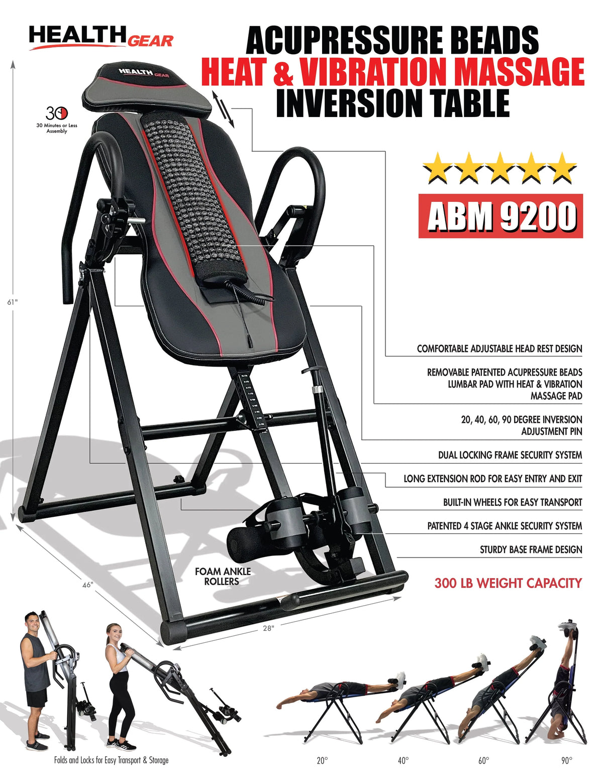 Black 300lb Weight Capacity Heat and Vibration Massage Inversion Table W60689