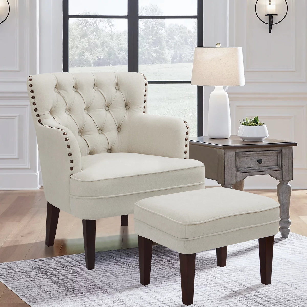 Beige Button Tufted Accent Chair with Ottoman I51890