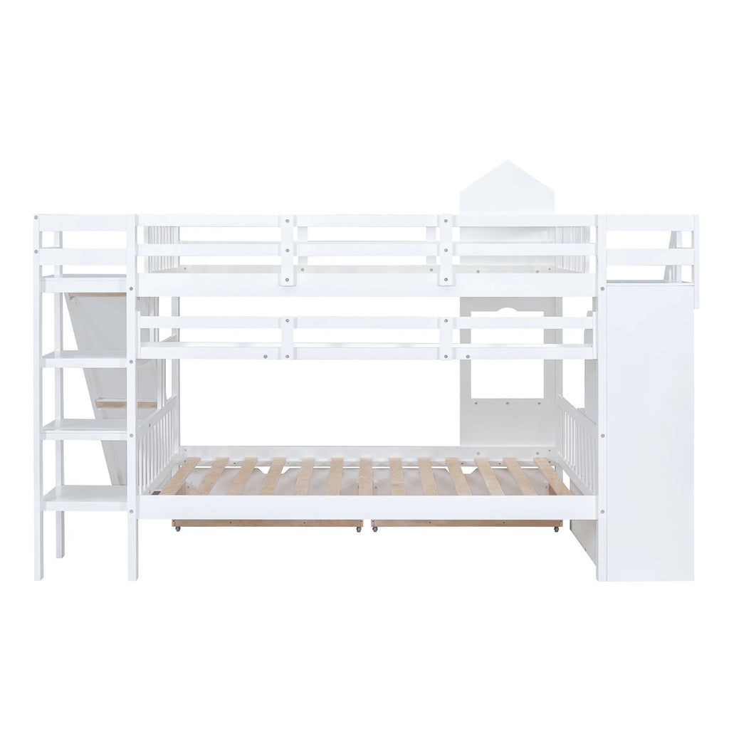 Full Over Full Castle Bunk Bed with Slide, Stairs and Storage Drawers X1199