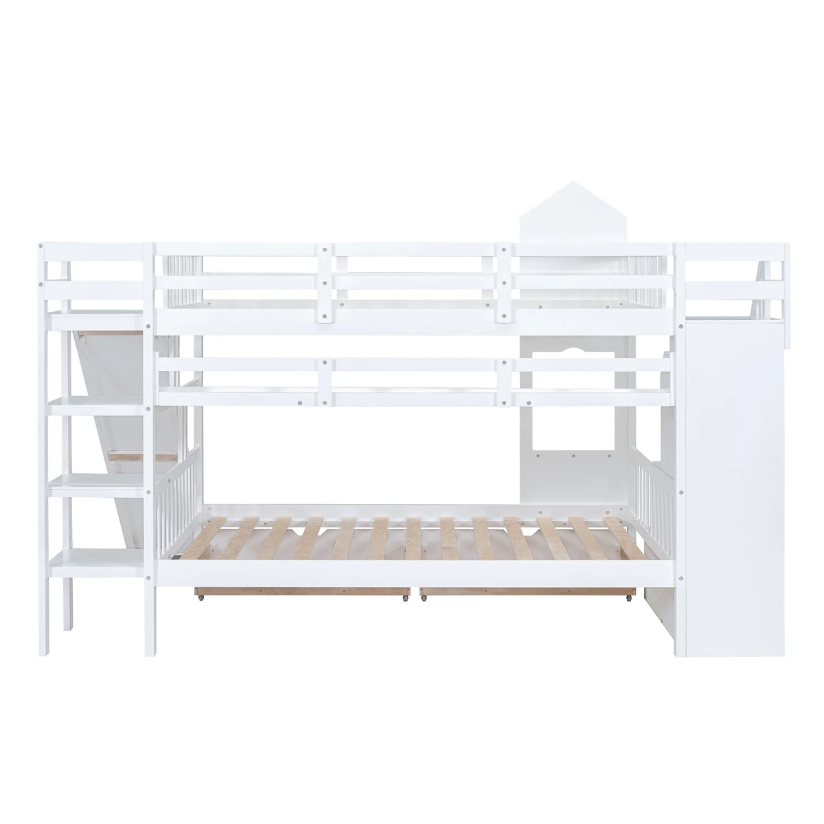 Full Over Full Castle Bunk Bed with Slide, Stairs and Storage Drawers X1199