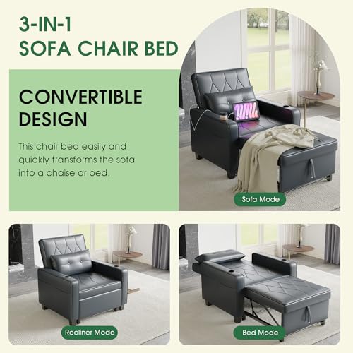 Black Leather Convertible Sofa Chair Bed A101878
