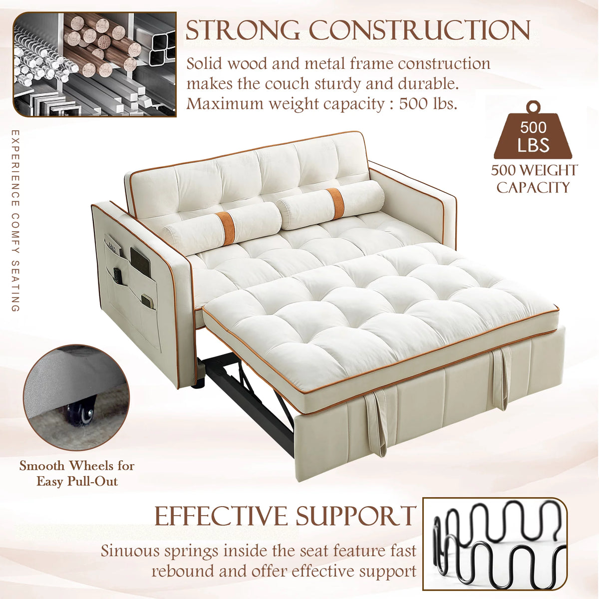 Beige Velvet Convertible Sleeper Sofa Bed O784497