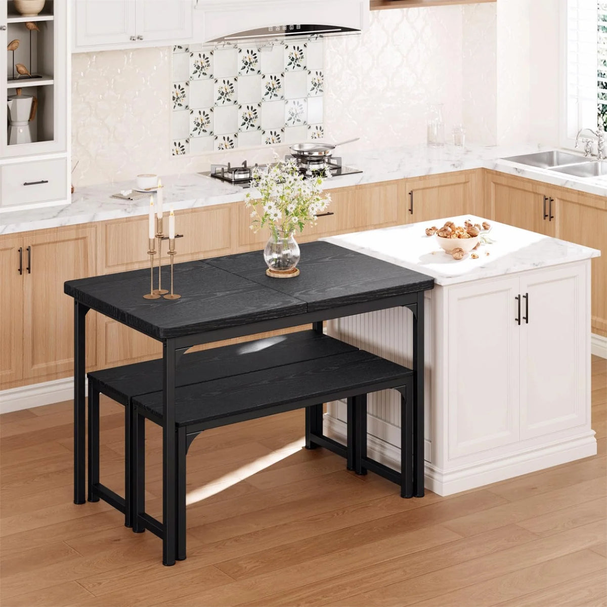 Black Extendable Dining Table Set with 2 Benches N1623