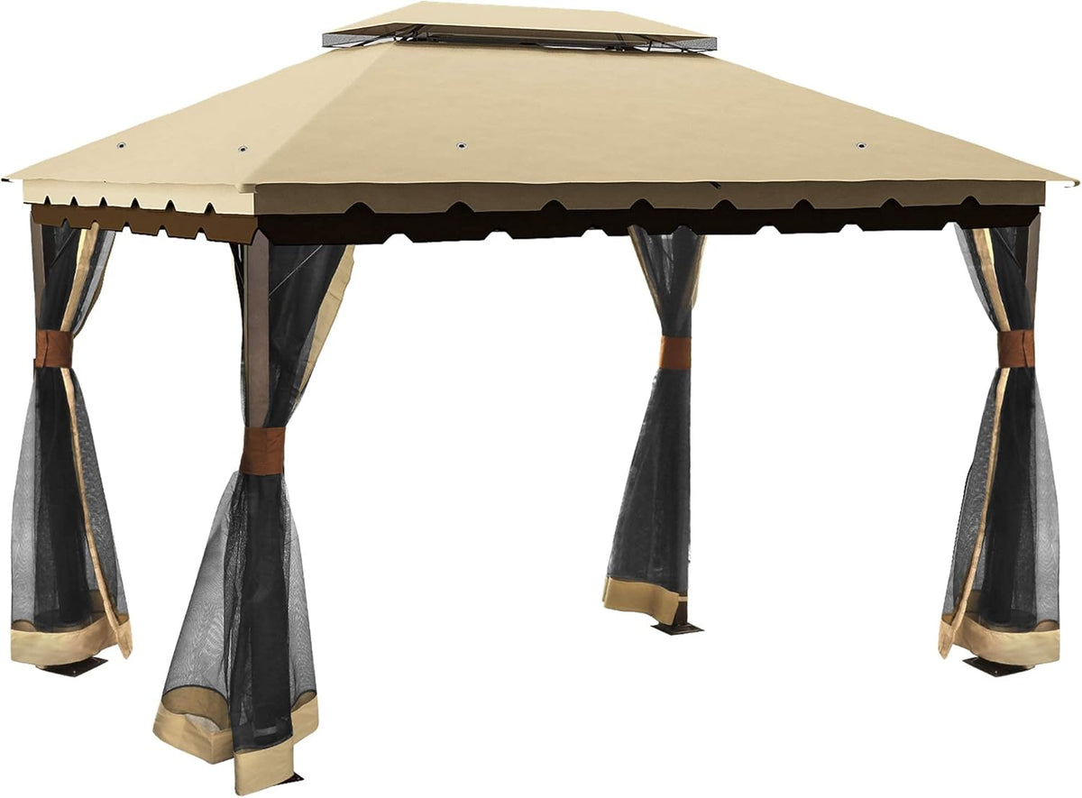 10x13 ft Khaki Steel Gazebo with Mosquito Netting J7414