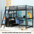 Black Twin Metal Loft Bed with Desk Storage Drawers Shelves M589121