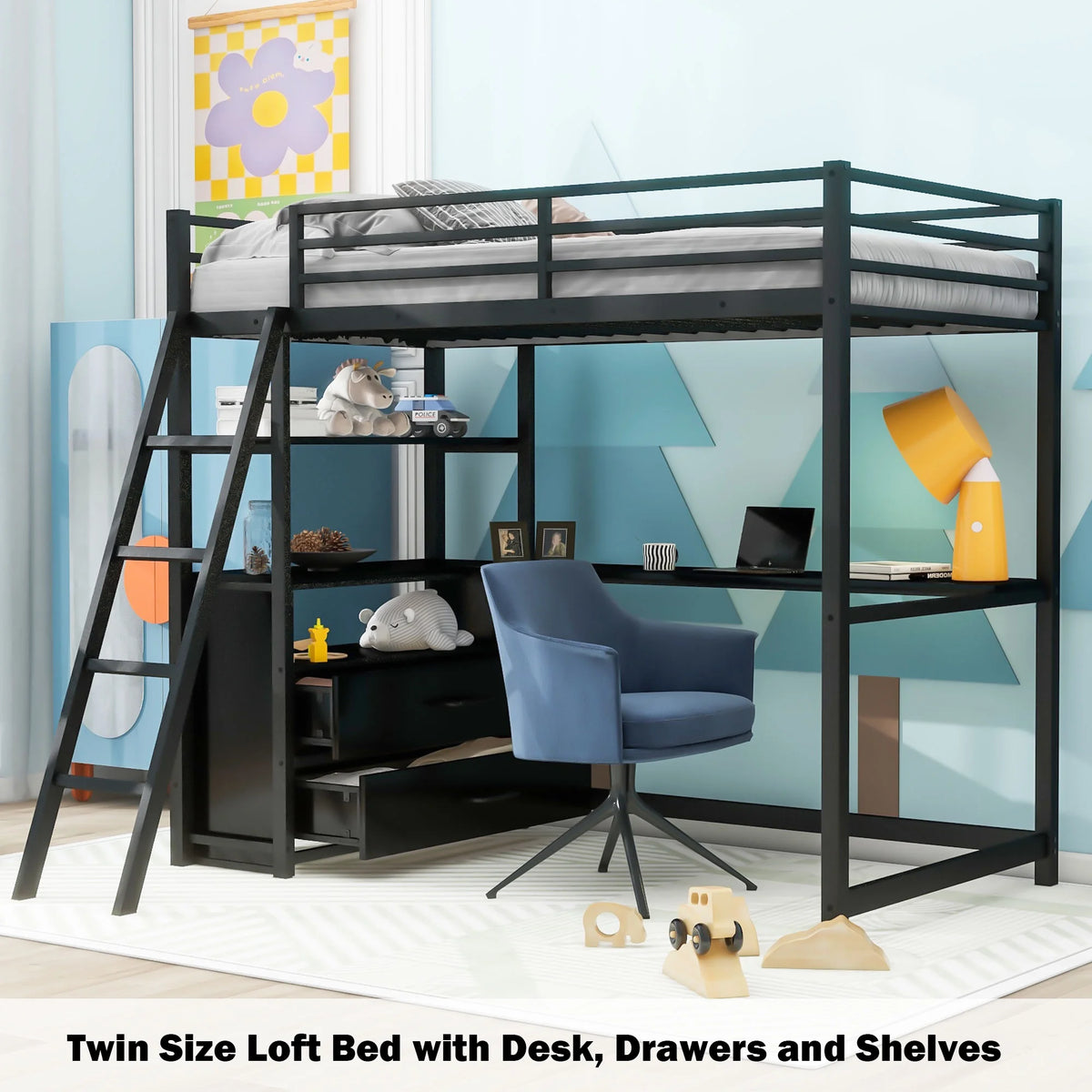 Black Twin Metal Loft Bed with Desk Storage Drawers Shelves M589121