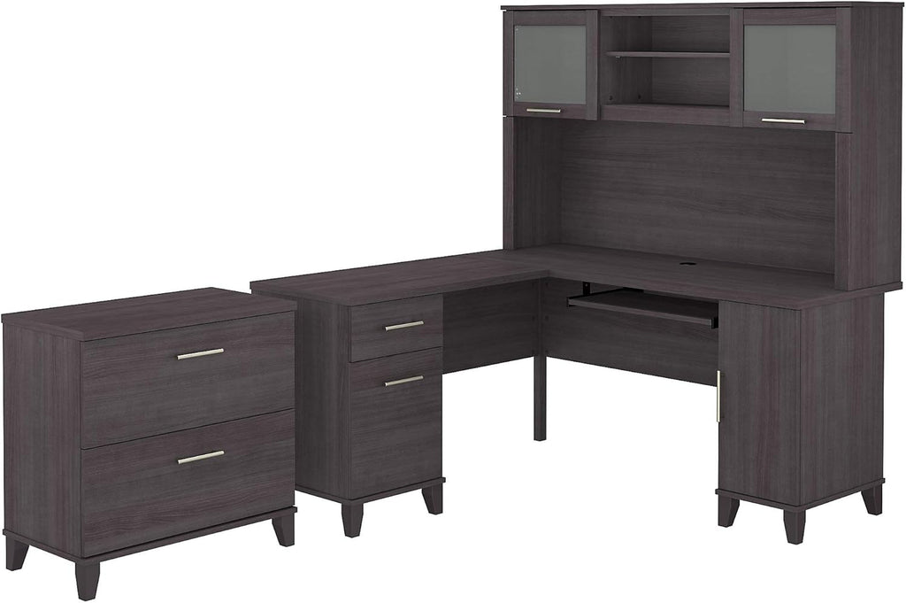 L Shaped Desk with Hutch and Lateral File Cabinet S129