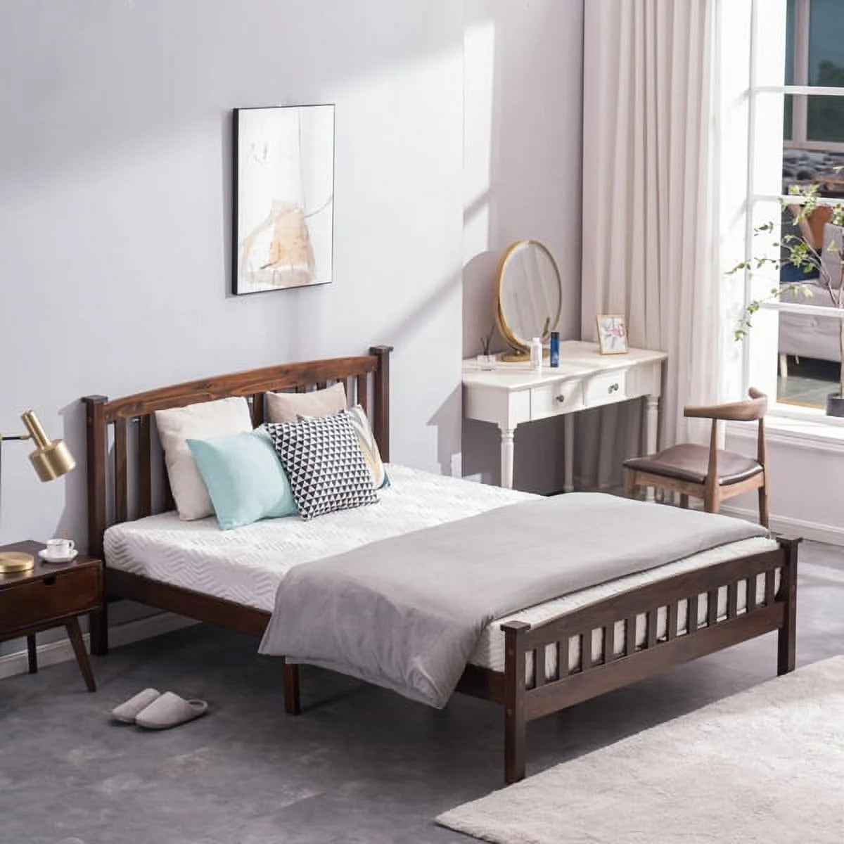 Full Size Pine Wood Platform Bed Frame with Headboard U29257