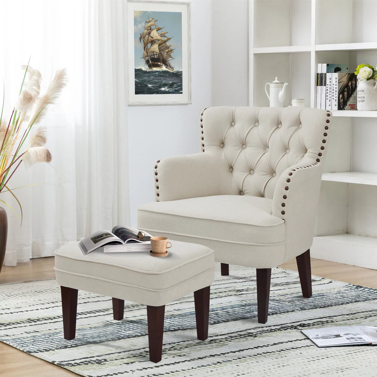 Beige Button Tufted Accent Chair with Ottoman I51890