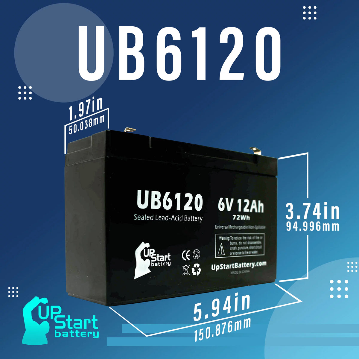 6V 12Ah Sealed Lead Acid Battery with F1 to F2 Terminal Adapters Z4798