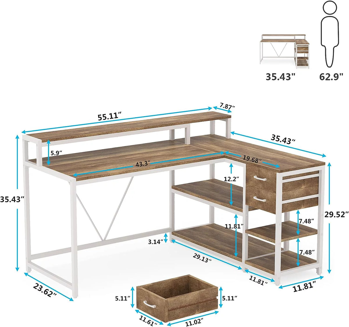 L Shaped Corner Desk with Drawer and Storage Shelves R29159