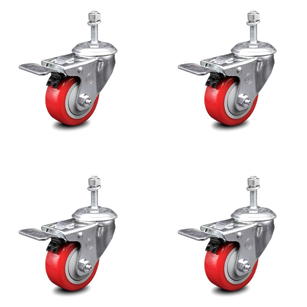 3.5 inch Red Polyurethane Swivel Stem Caster Set F78154