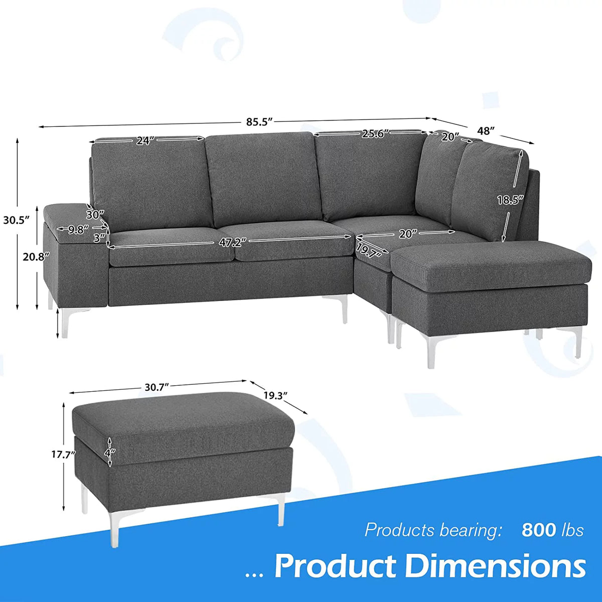 85.5" Right Facing Sectional Sofa with Ottoman in Gray C912
