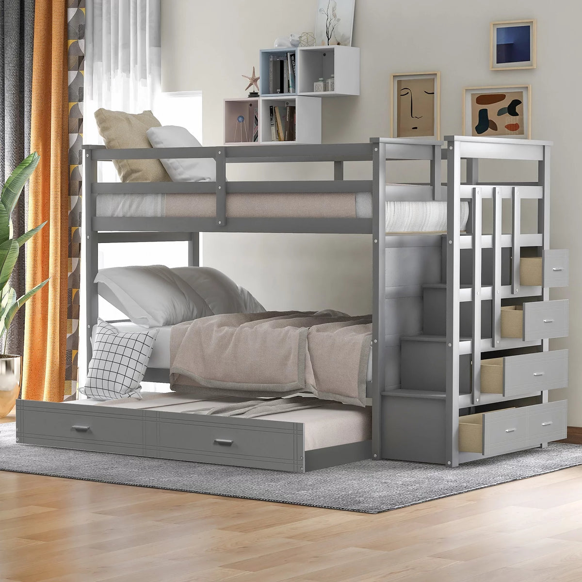 Twin Over Twin Solid Wood Bunk Bed with Trundle and 4 Drawers L164