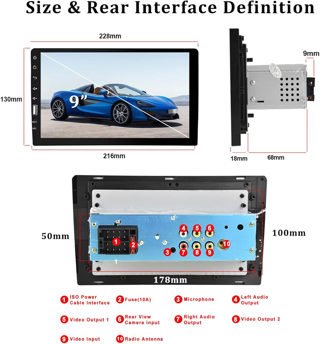 Single Din Car Stereo with Carplay and Android Auto, 9 Inch Touchscreen MP5 Player with Bluetooth T330