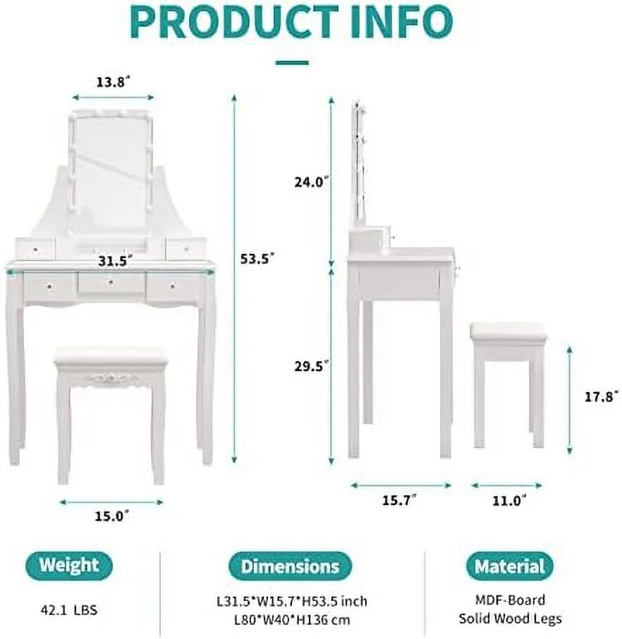 White Vanity Set with Lighted Tri-Fold Mirror and 4 Drawers U4281