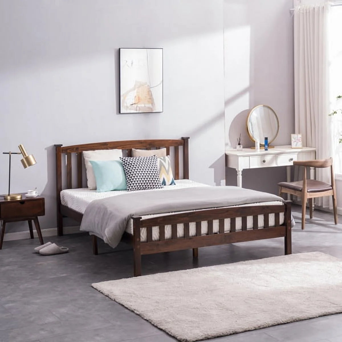 Full Size Pine Wood Platform Bed Frame with Headboard U29257