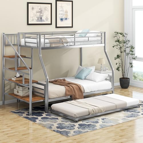 Twin Over Full Metal Bunk Bed with Trundle and Storage Staircase Z691611