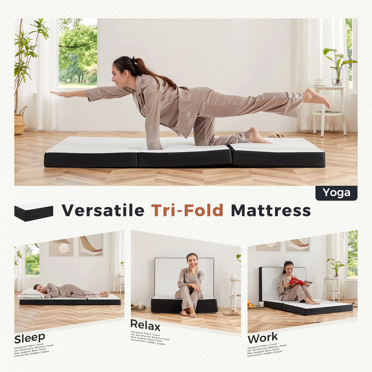 4 inch Tri-fold Memory Foam Mattress Topper with Washable Cover W901