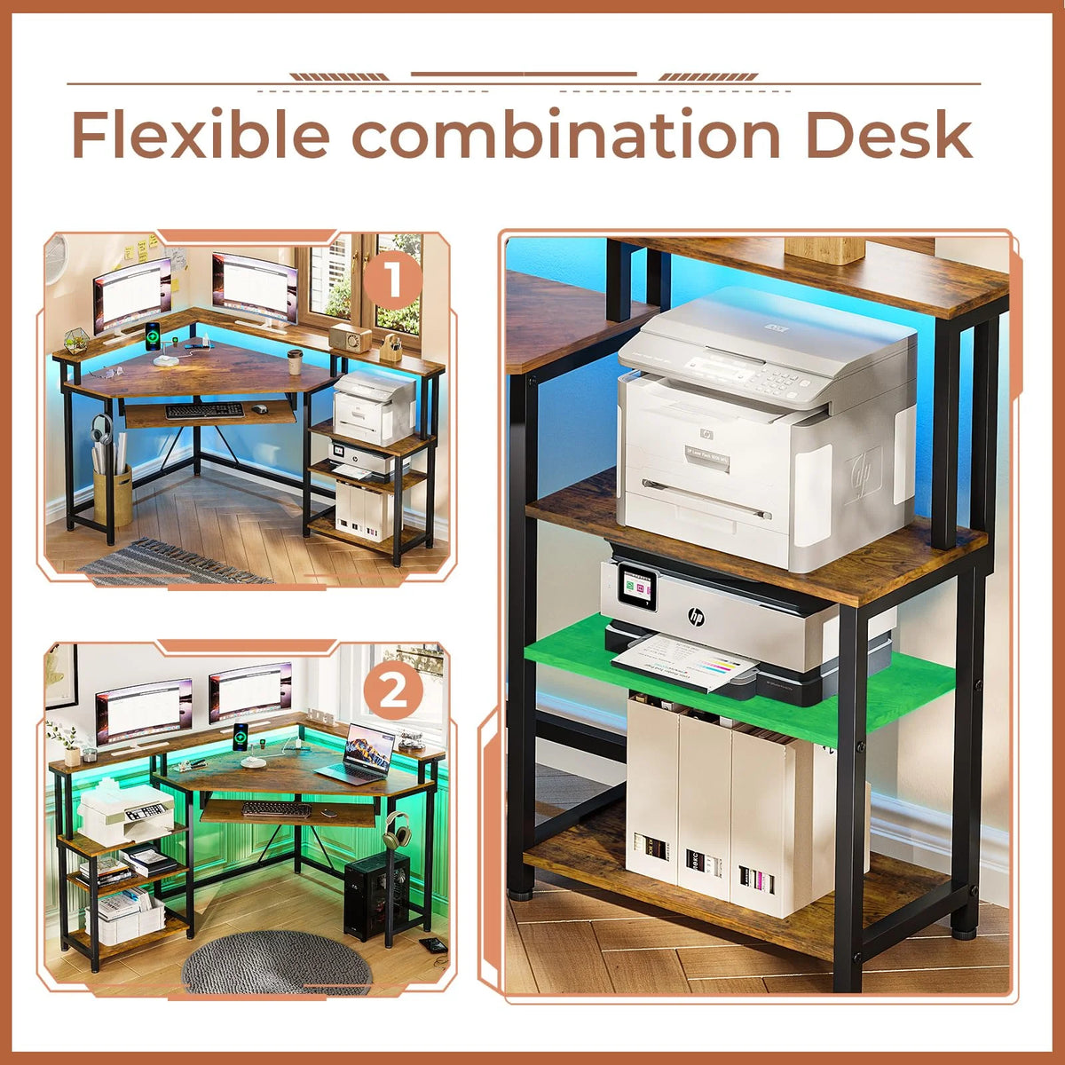 Brown Corner Computer Desk with Power Outlets and LED Lights L863