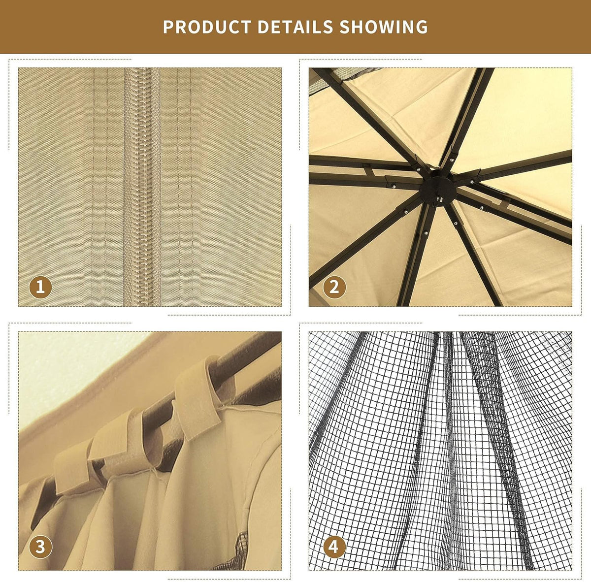 10x13 ft Khaki Steel Gazebo with Mosquito Netting J7414