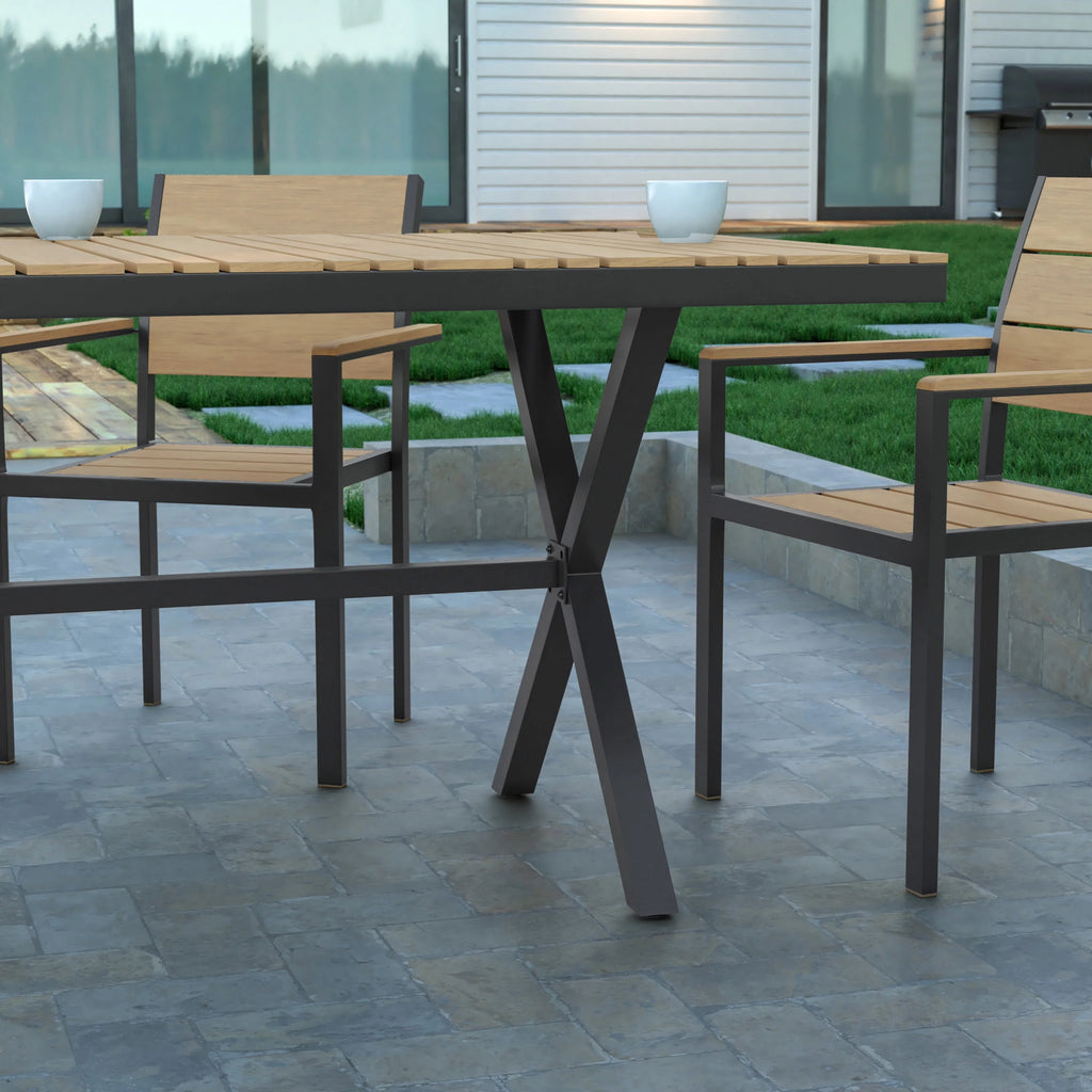 59" x 35.5" Outdoor Dining Table with Faux Teak Top and Gray Metal Frame E53931