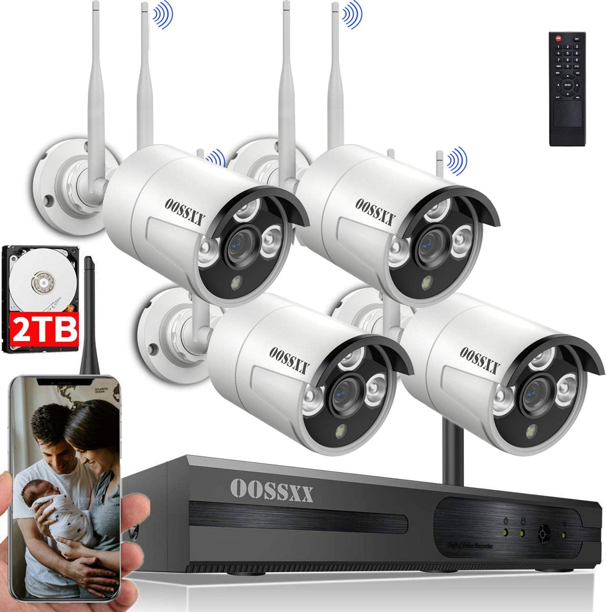 2K Wireless Security Camera System with 2TB Hard Drive, 4Pcs Outdoor Cameras T91711