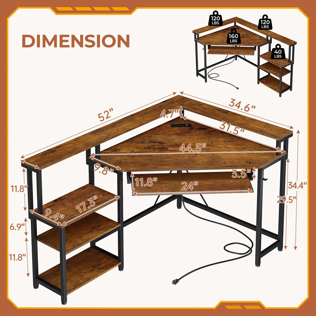 Brown Corner Computer Desk with Power Outlets and LED Lights L863