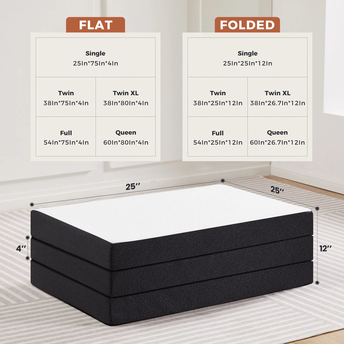 4 inch Tri-fold Memory Foam Mattress Topper with Washable Cover W901