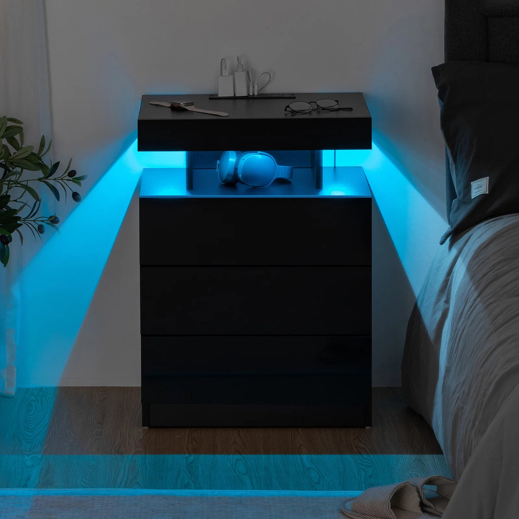 Black 2 Drawer LED Nightstand with Charging Station J68814
