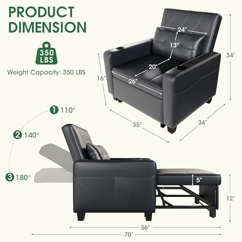Black Leather Convertible Sofa Chair Bed A101878