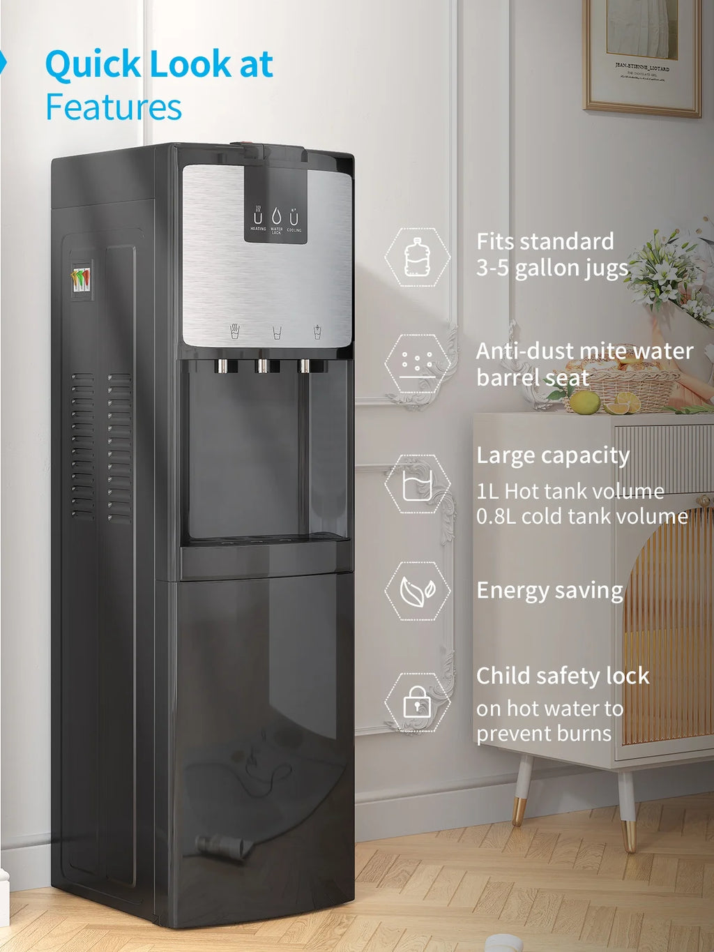 Bottom Loading Water Dispenser, Hot/Cold/Room Temperature, 3 or 5 Gallon, Black A909