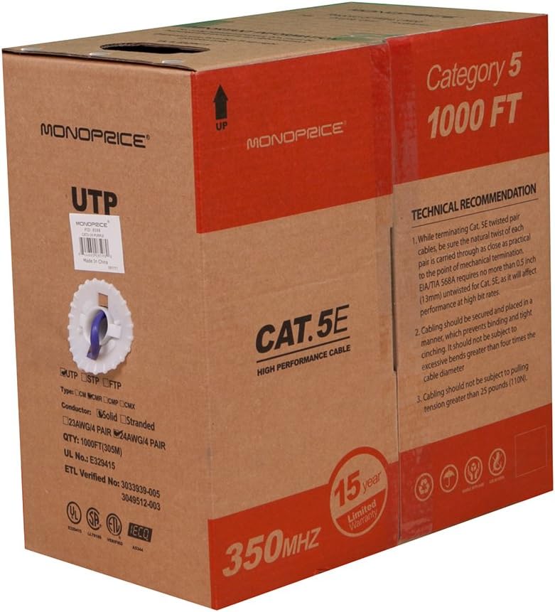 1000FT 24AWG Cat5e UTP Riser Rated Bare Copper Cable - Blue V1881