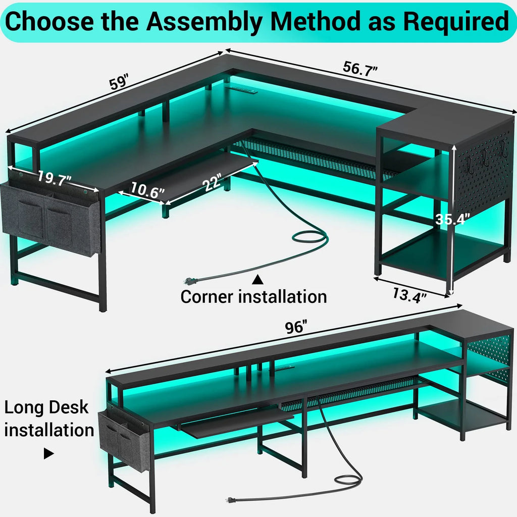 L Shaped Desk with LED Light and Power Outlet A785
