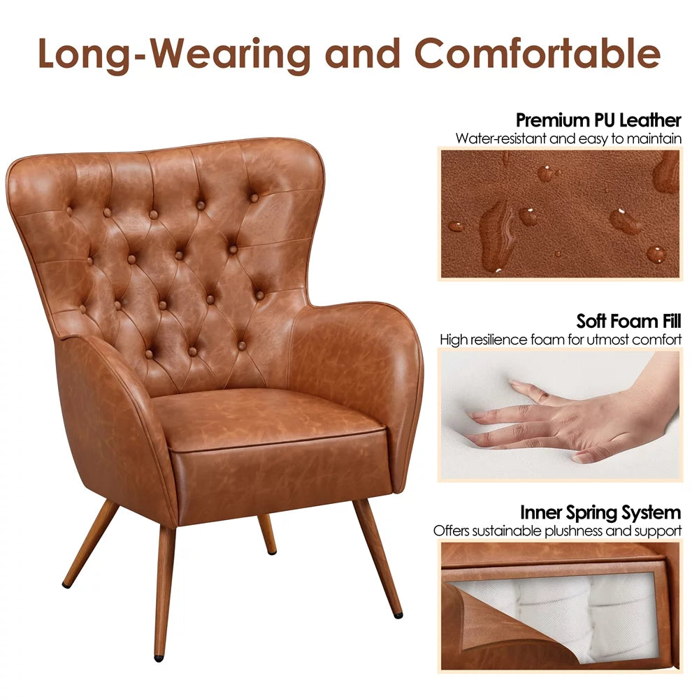 Brown Faux Leather Accent Chair with Tufted High Back D348121