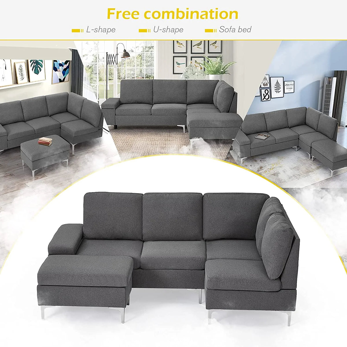 85.5" Right Facing Sectional Sofa with Ottoman in Gray C912