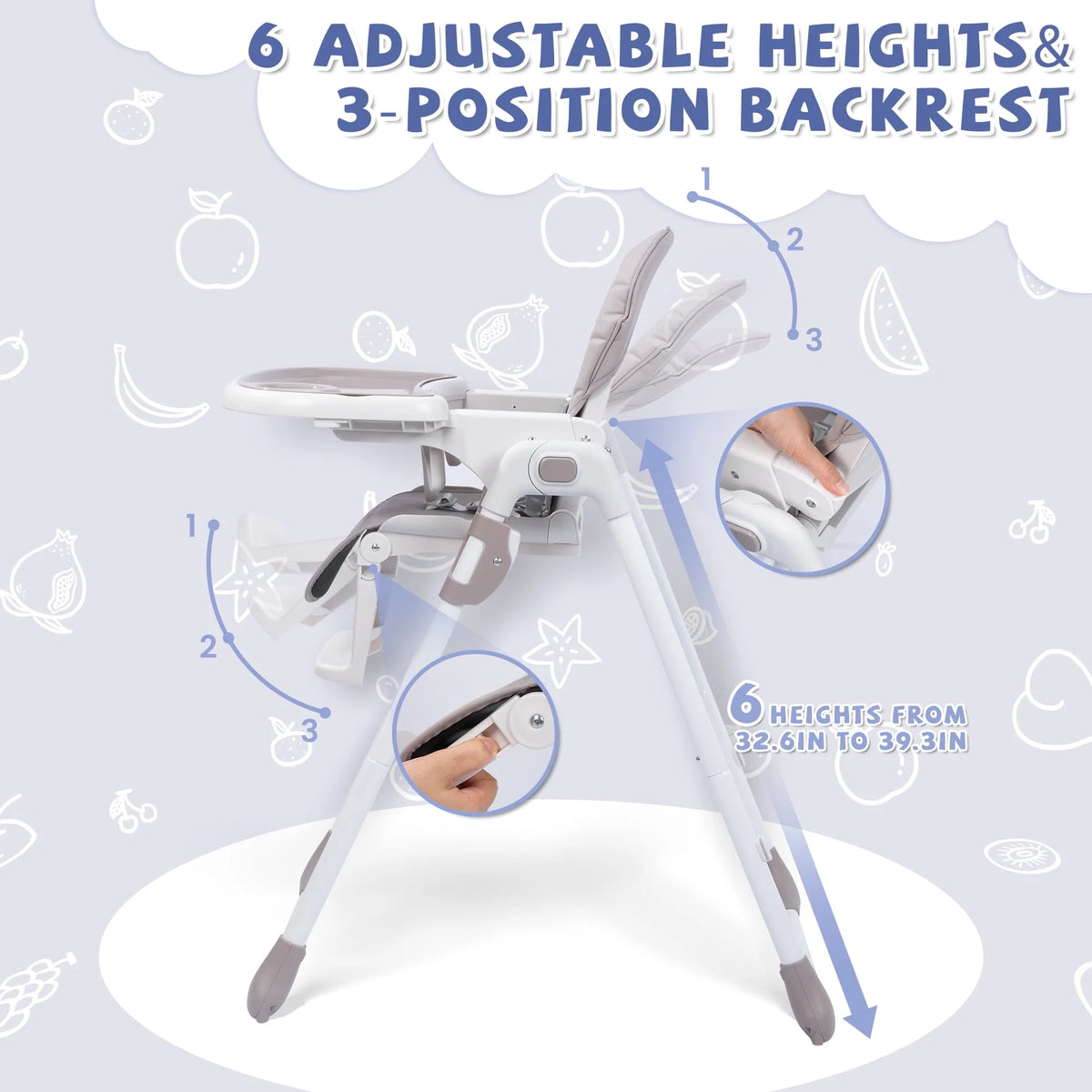 Portable Folding Highchair with Adjustable Height, Removable Tray, Gray E55942