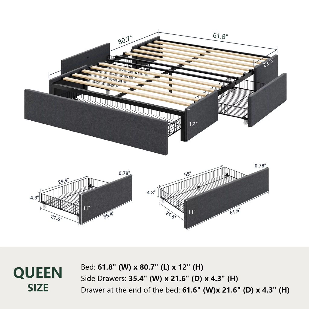 Queen Size Upholstered Platform Bed Frame with 3 Storage Drawers B64469