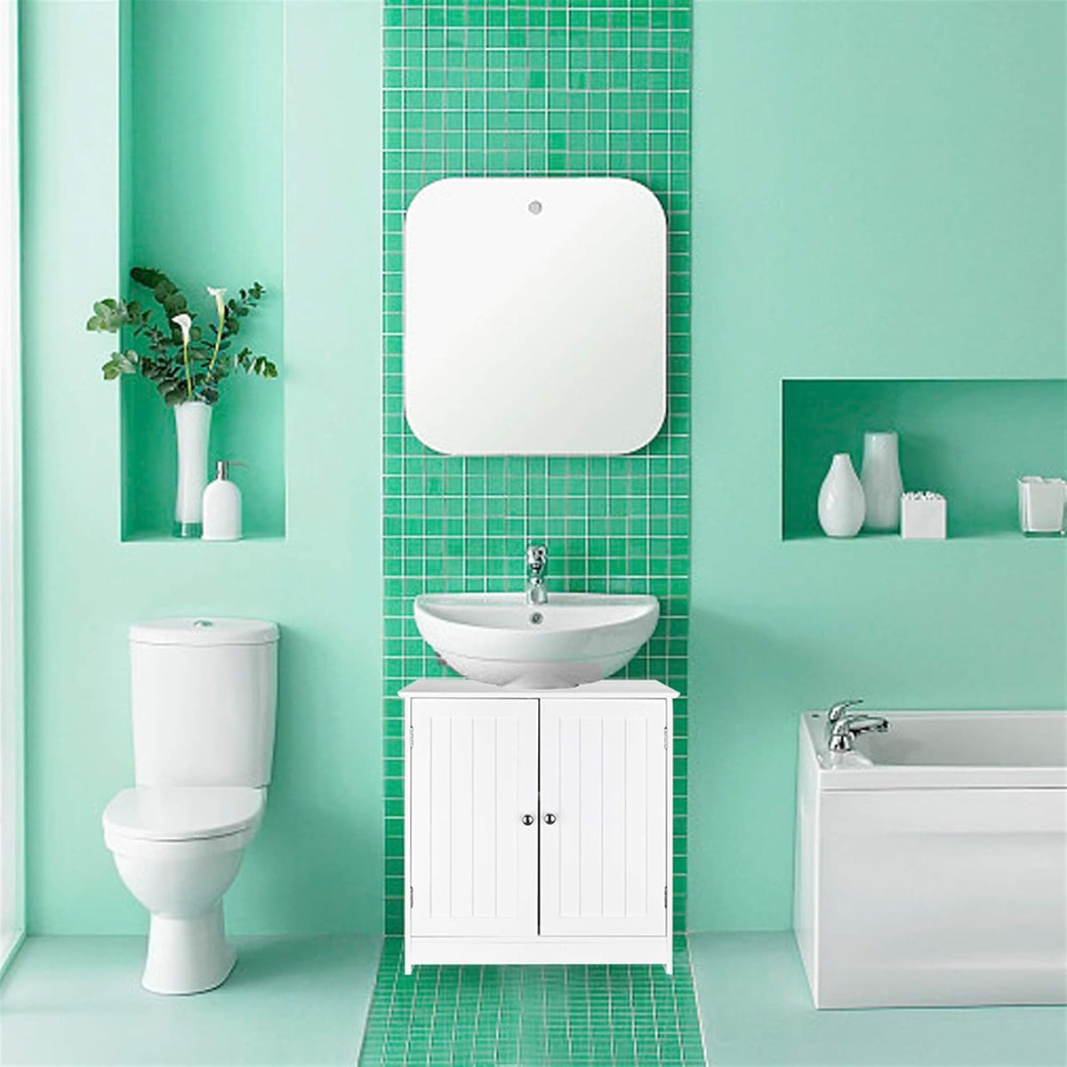 White Floor Pedestal Bathroom Storage Cabinet with 2 Doors C39388
