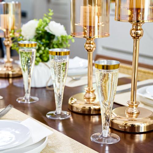 100 Pack 4.5 Oz Gold Rim Clear Plastic Champagne Flutes V4992