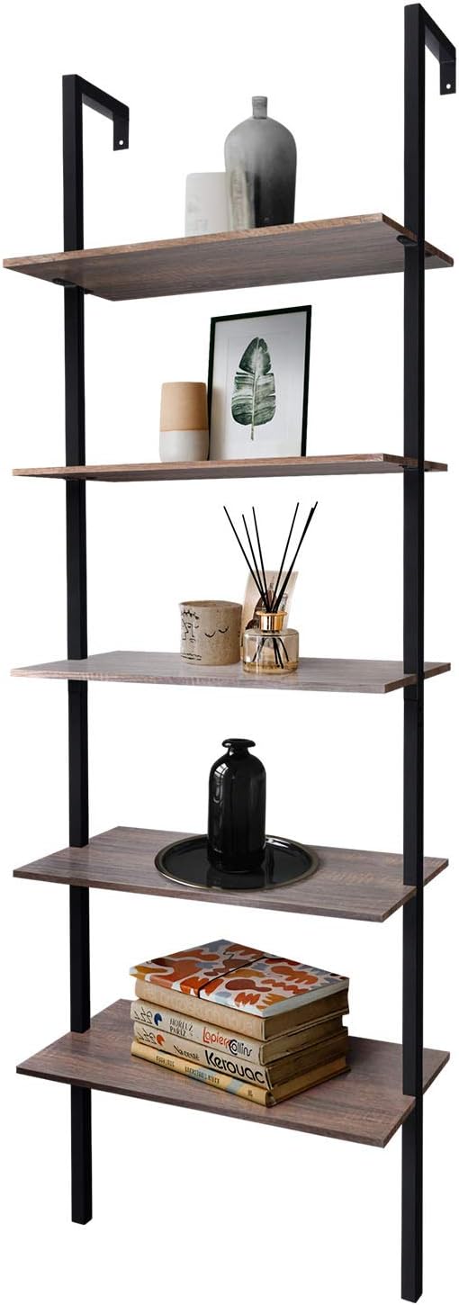 5-Shelf Modern Bookcase Wall Mount 72 Ladder Bookshelf Metal Frame Open Shelves F2888