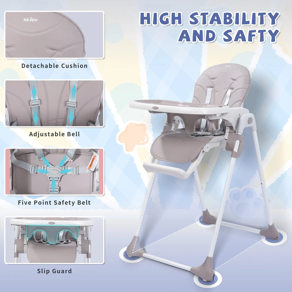 Portable Folding Highchair with Adjustable Height, Removable Tray, Gray E55942