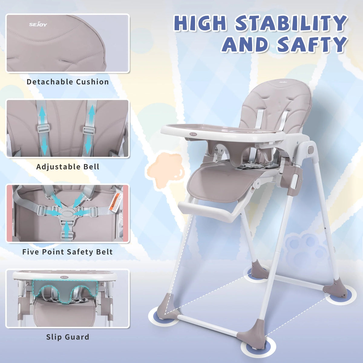 Portable Folding Highchair with Adjustable Height, Removable Tray, Gray E55942