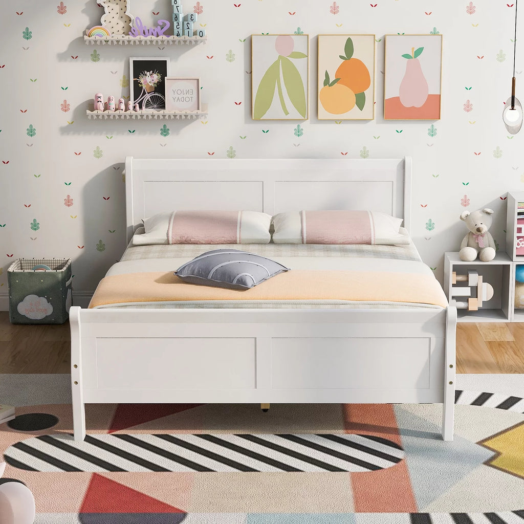 White Full Size Platform Bed Frame with Wood Headboard and Footboard T3557