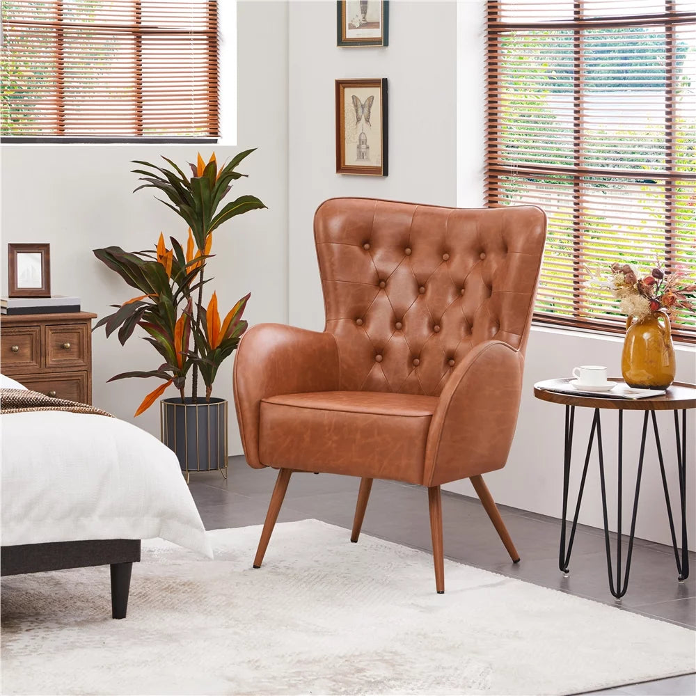 Brown Faux Leather Accent Chair with Tufted High Back D348121