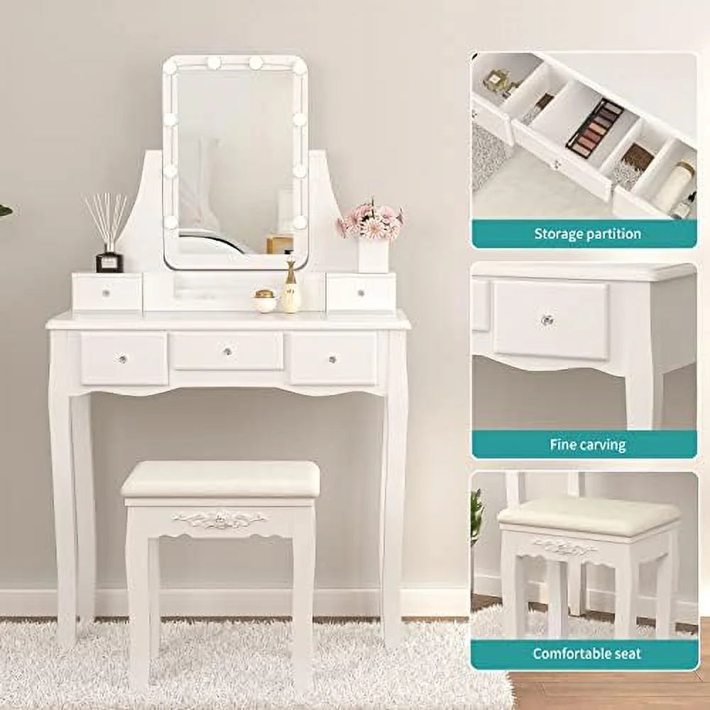 White Vanity Set with Lighted Tri-Fold Mirror and 4 Drawers U4281