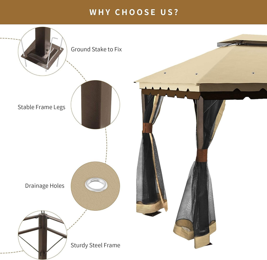 10x13 ft Khaki Steel Gazebo with Mosquito Netting J7414