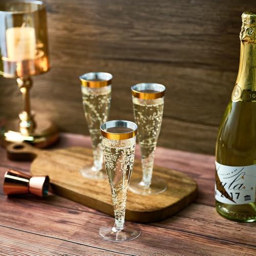 100 Pack 4.5 Oz Gold Rim Clear Plastic Champagne Flutes V4992