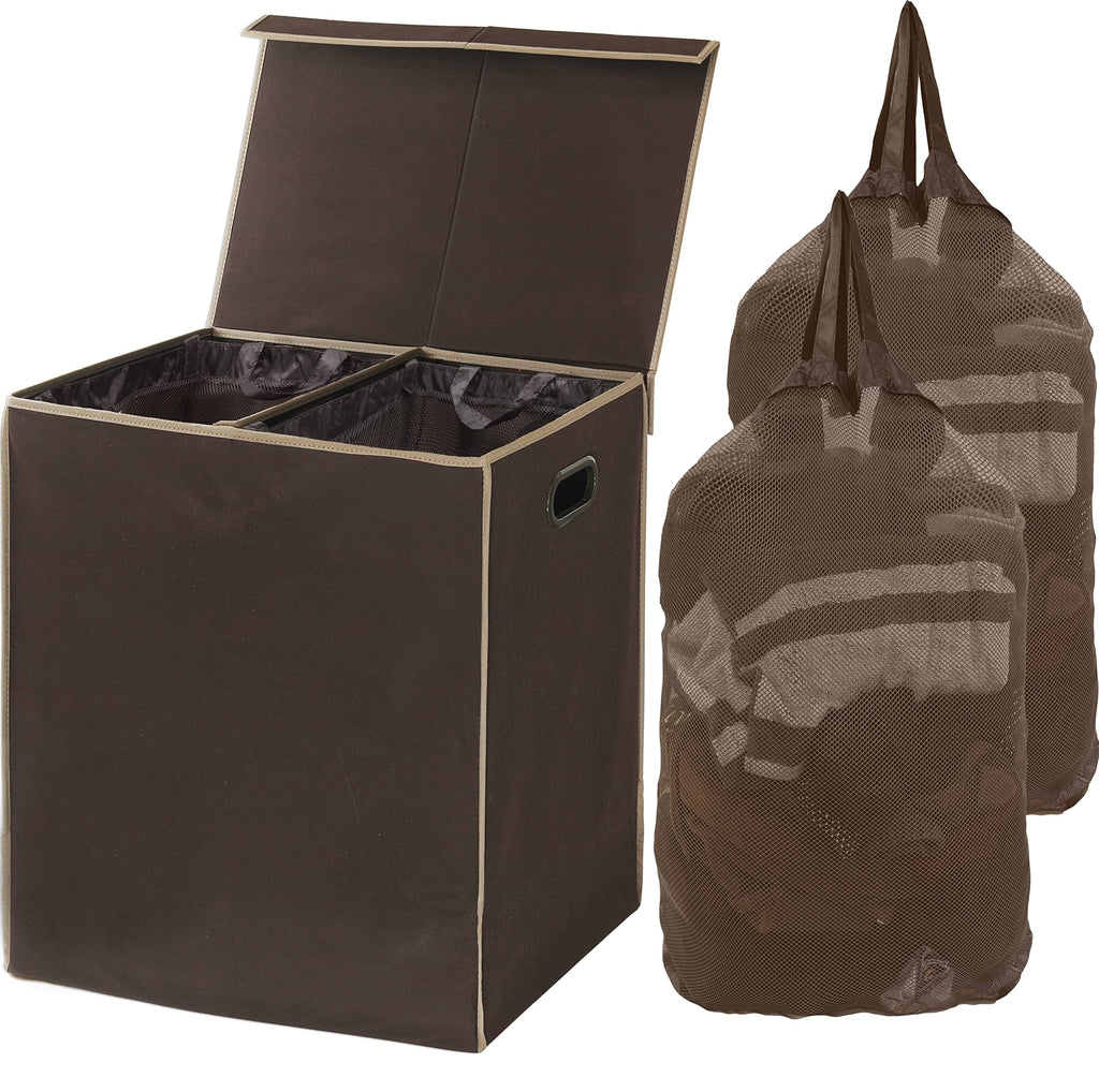 Brown Double Laundry Hamper with Lid and Removable Bags V983