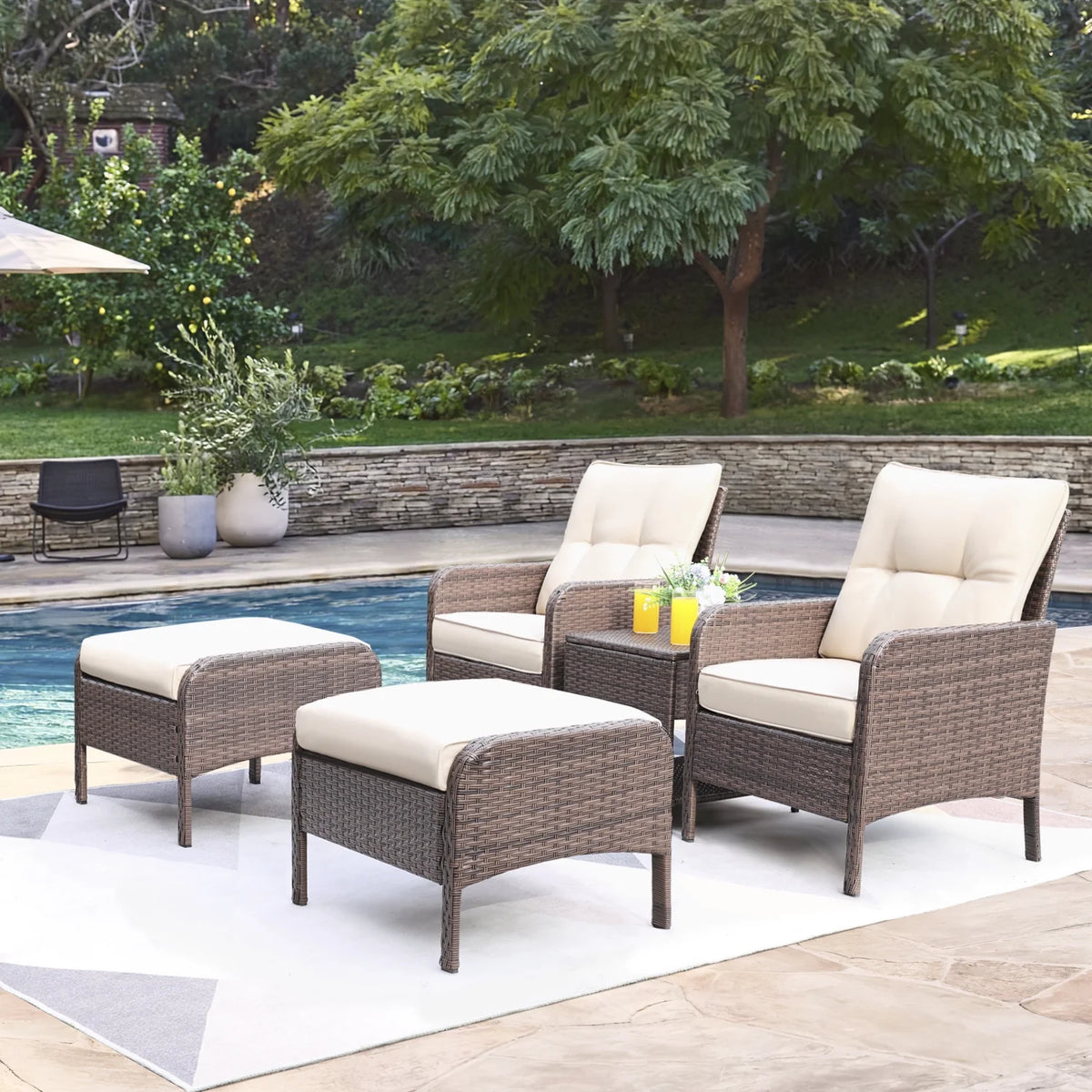 5 Pieces Wicker Patio Furniture Set with Table & Ottomans, Beige R2103